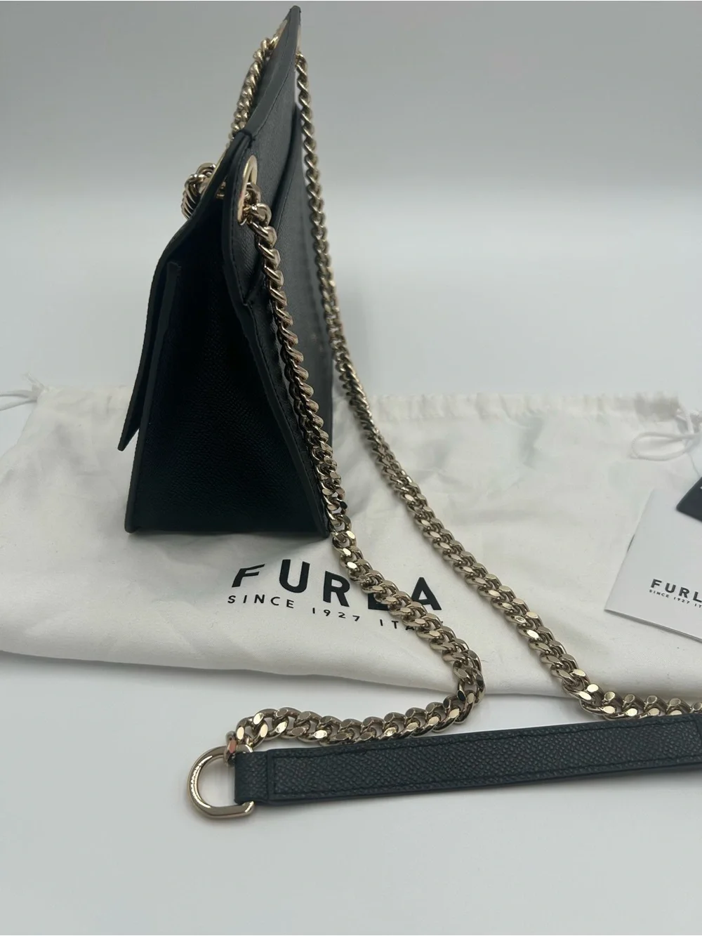 Furla Black Leather Shoulder Bag with Gold Chain Hardware